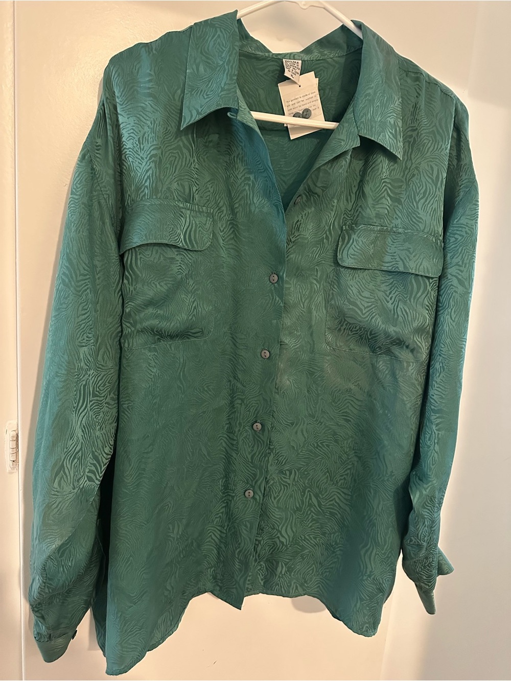 Green Teal Button-up Shirt Blouse 100% Silk Removable Shoulder Pads